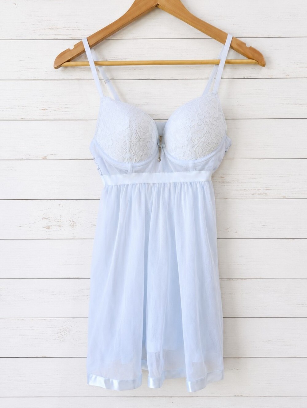 Delicate Lace-Trim Push Up Babydoll Chemise - Light Blue Size M
